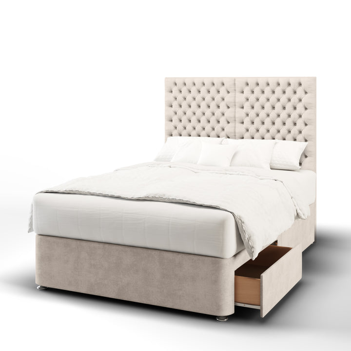 2 Panel Chesterfield Fabric Upholstered Floor Standing Headboard with Divan Bed Base & Mattress
