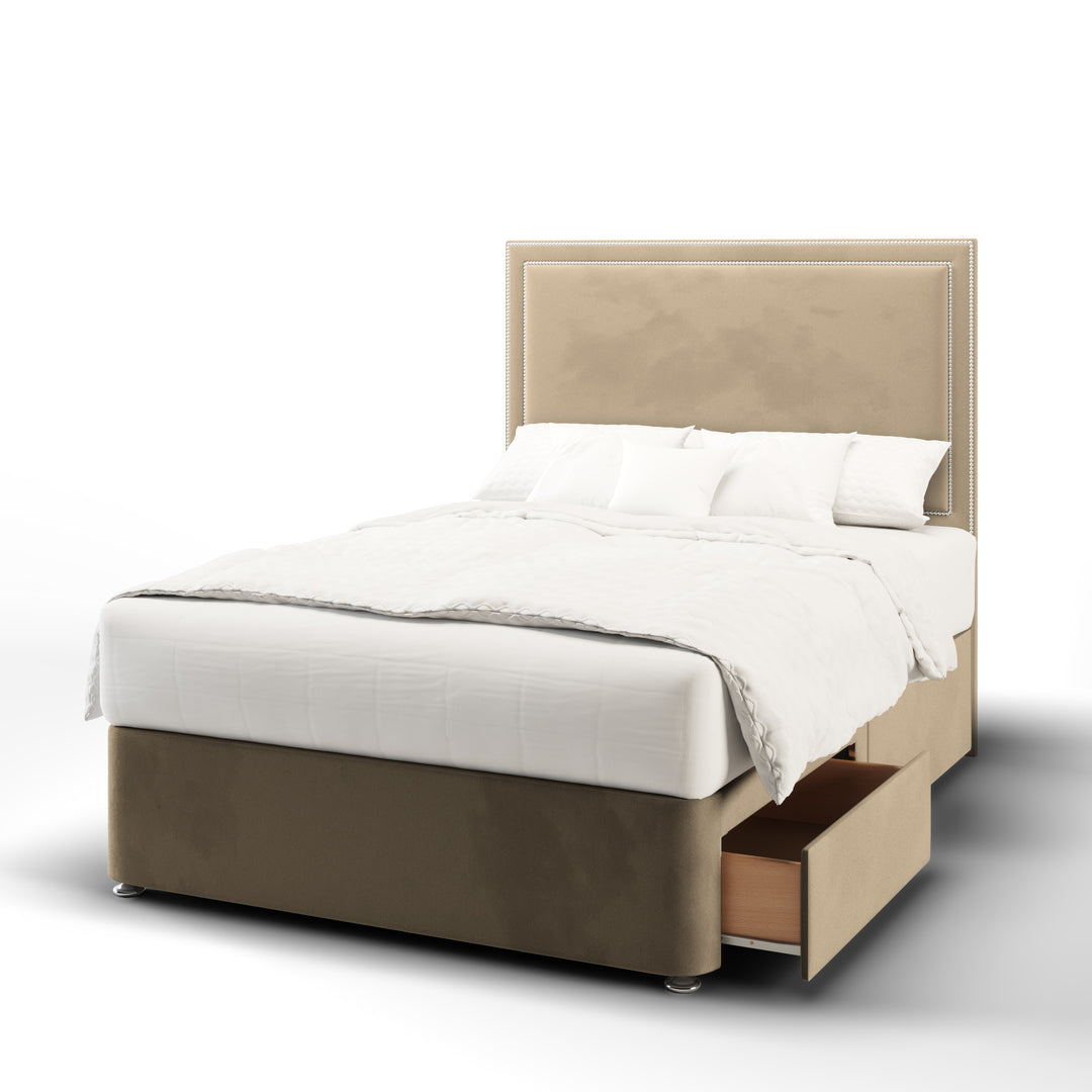 Plain Studded Border Fabric Upholstered Floor Standing Headboard with Divan Bed Base & Mattress