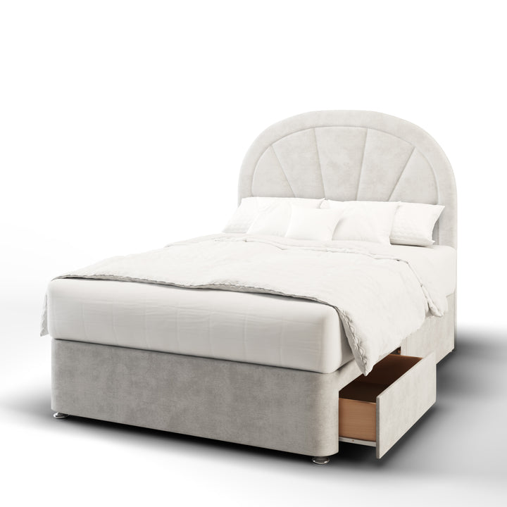 Arched Vertical Lines Fabric Upholstered Floor Standing Headboard with Divan Bed Base & Mattress