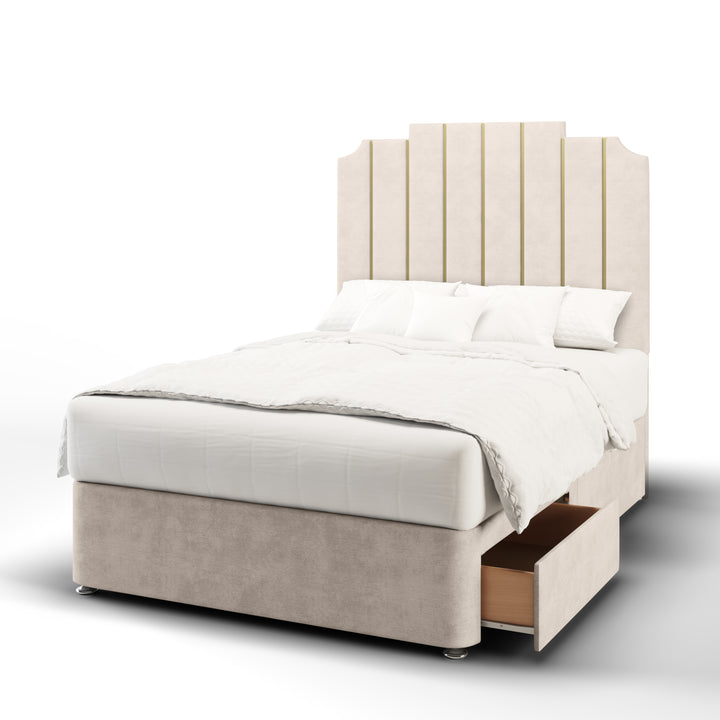Art Deco Gold Strips Fabric Upholstered Floor Standing Headboard with Divan Bed Base & Mattress