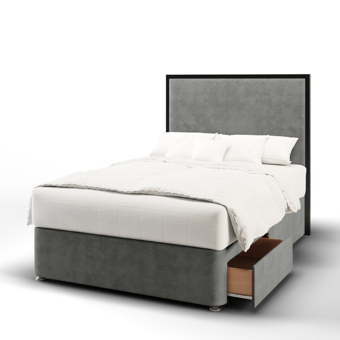Metal Frame Fabric Upholstered Floor Standing Headboard with Divan Bed Base & Mattress
