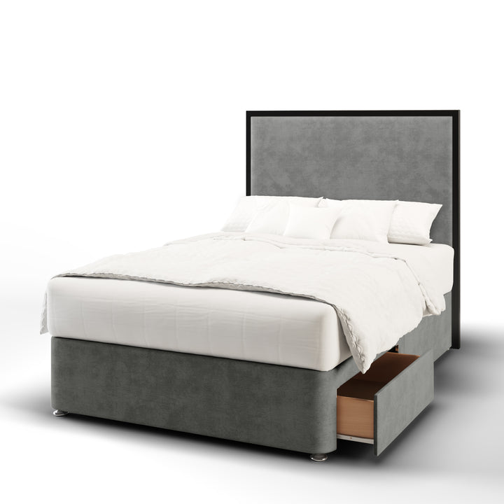 Metal Frame Fabric Upholstered Floor Standing Headboard with Divan Bed Base & Mattress