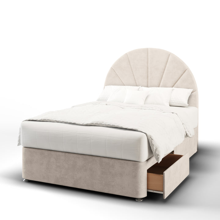 Half Moon Vertical Lines Fabric Upholstered Floor Standing Headboard with Divan Bed Base & Mattress