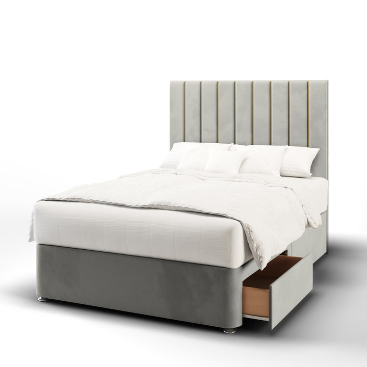 Vertical Panels Gold Strips Fabric Upholstered Floor Standing Headboard with Divan Bed Base & Mattress