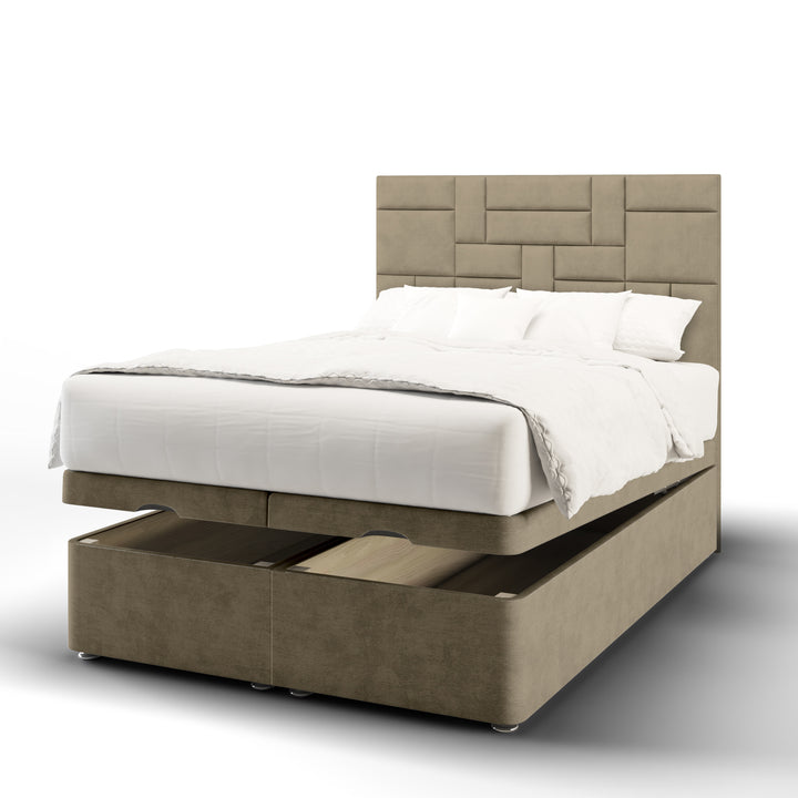 Multi Panels Fabric Upholstered Floor Standing Headboard with Ottoman Storage Bed Base & Mattress