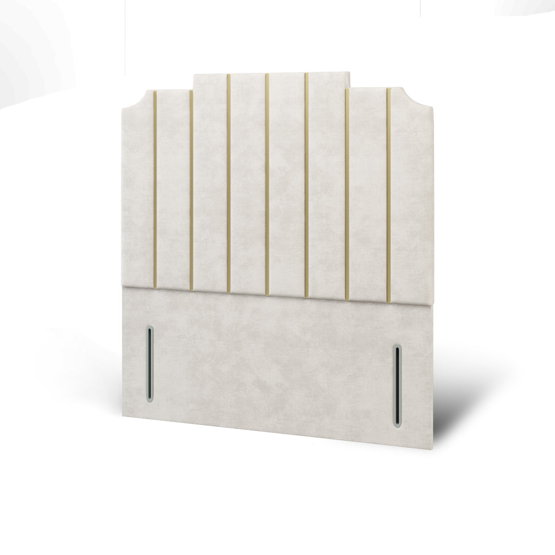 Art Deco Gold Strips Fabric Upholstered Floor Standing Headboard with Divan Bed Base & Mattress