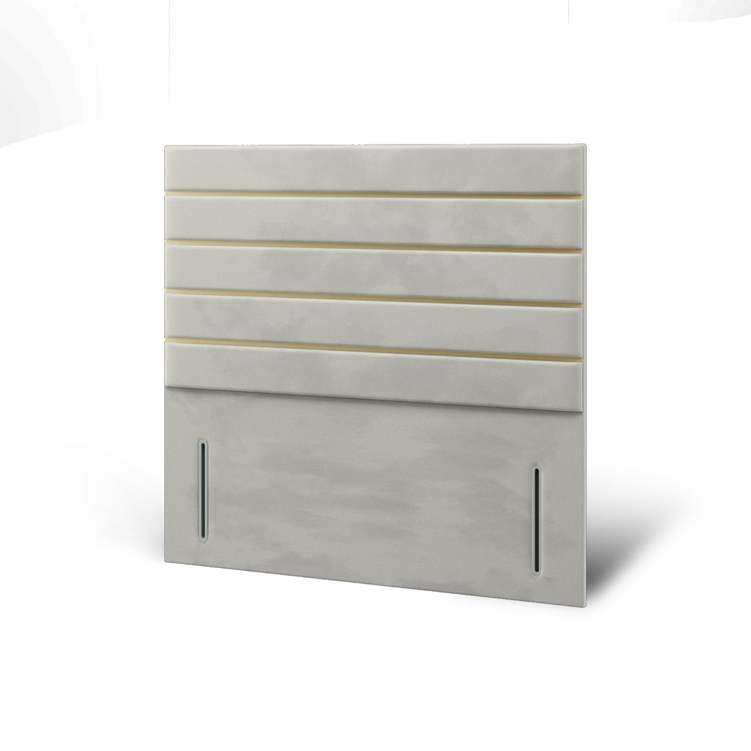Horizontal Panels Gold Strips Fabric Upholstered Floor Standing Headboard with Ottoman Storage Bed Base & Mattress