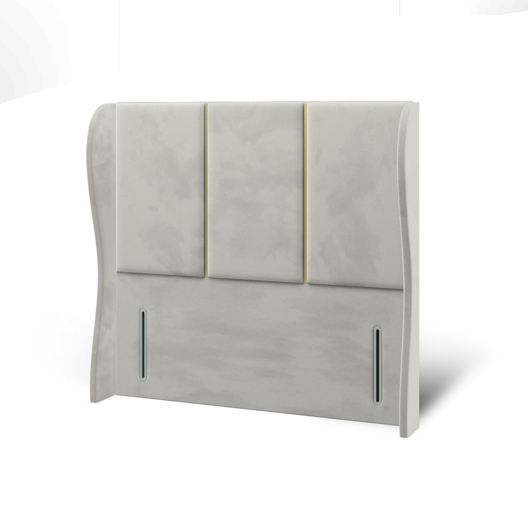 3 Panel Gold Strip Fabric Upholstered Middle Curve Winged Headboard with Ottoman Storage Bed Base & Mattress