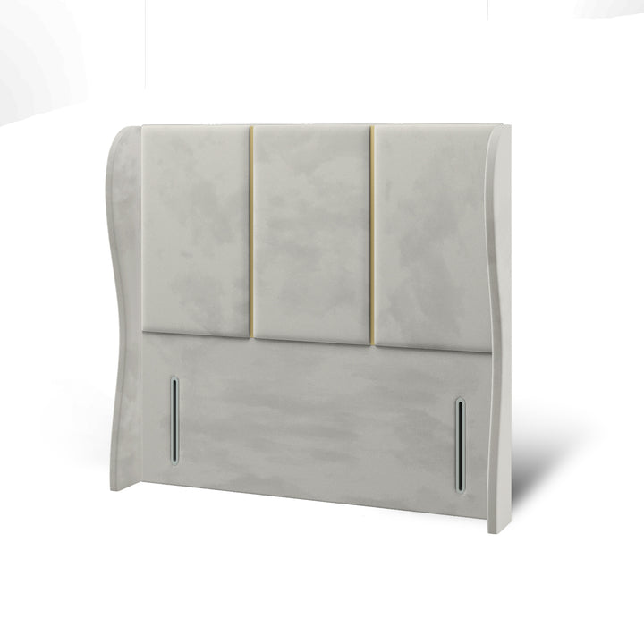 3 Panel Gold Strips Fabric Upholstered Middle Curve Winged Headboard with Divan Bed Base & Mattress