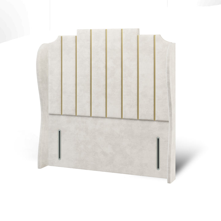 Art Deco Gold Strips Fabric Upholstered Middle Curve Winged Headboard with Divan Bed Base & Mattress