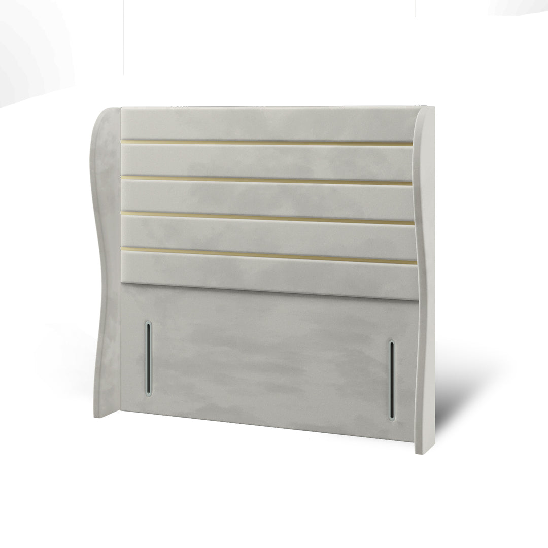 Horizontal Panels Gold Strips Fabric Upholstered Middle Curve Winged Headboard with Divan Bed Base & Mattress