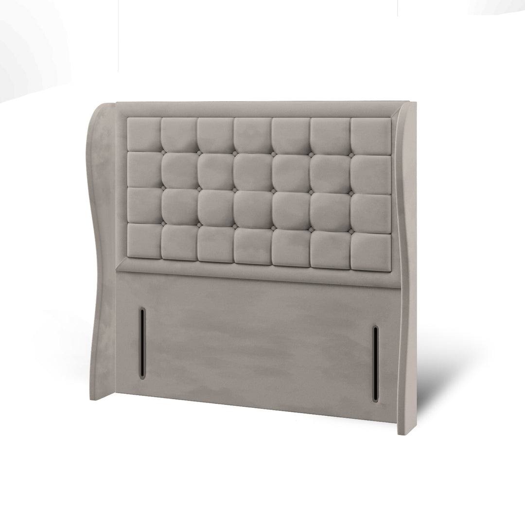 Cubic Large Buttoned Border Fabric Upholstered Middle Curve Winged Headboard with Ottoman Storage Bed Base & Mattress