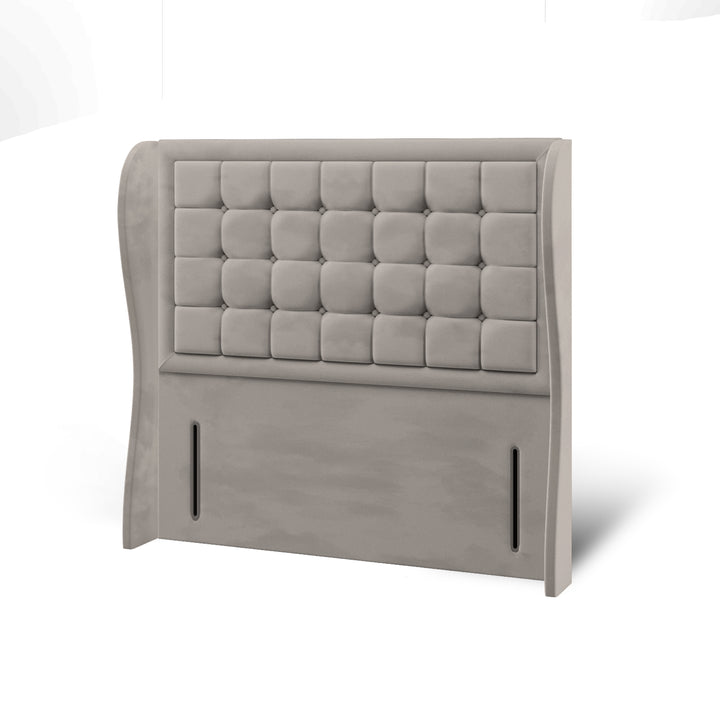 Cubic Large Buttoned Border Fabric Upholstered Middle Curve Winged Headboard with Ottoman Storage Bed Base & Mattress
