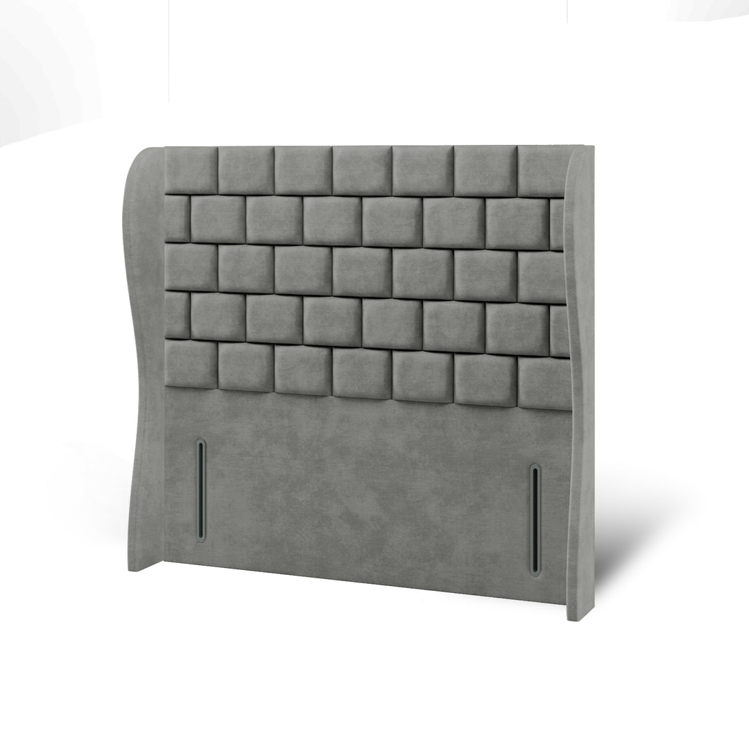 Cubed Fabric Upholstered Middle Curve Winged Headboard with Divan Bed Base & Mattress