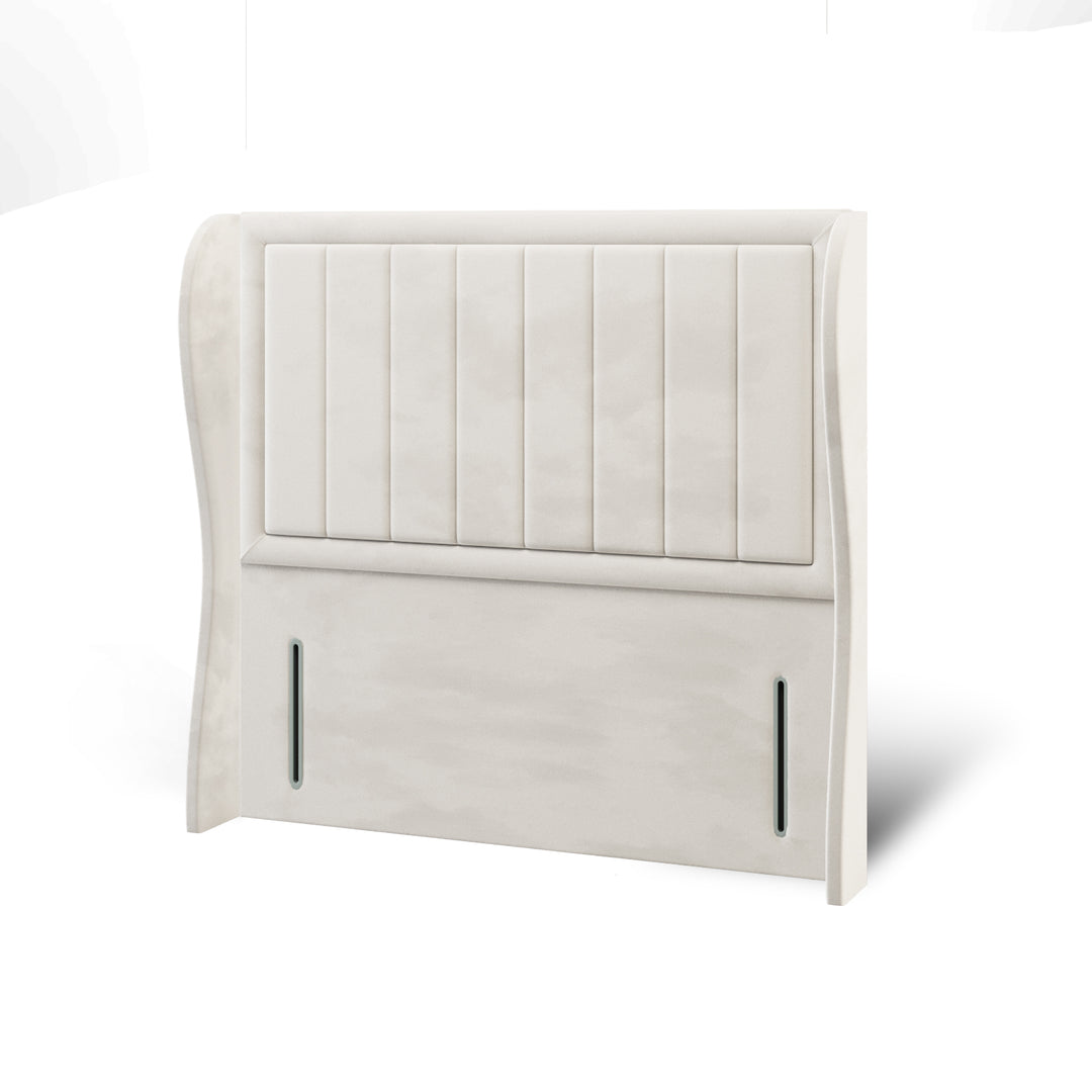 Vertical Panels Border Fabric Upholstered Middle Curve Winged Headboard with Ottoman Storage Bed Base & Mattress