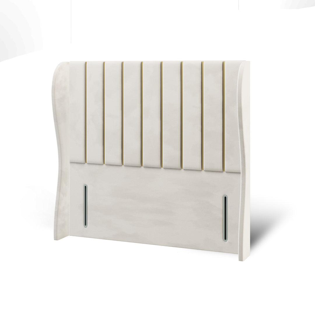 Vertical Panels Gold Strips Fabric Upholstered Middle Curve Winged Headboard with Divan Bed Base & Mattress