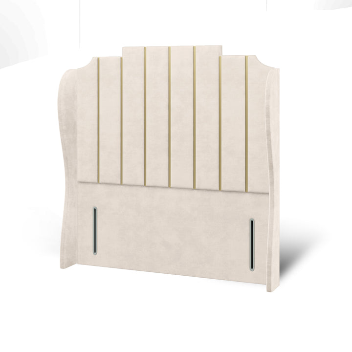 Art Deco Gold Strips Fabric Upholstered Middle Curve Winged Headboard with Divan Bed Base & Mattress