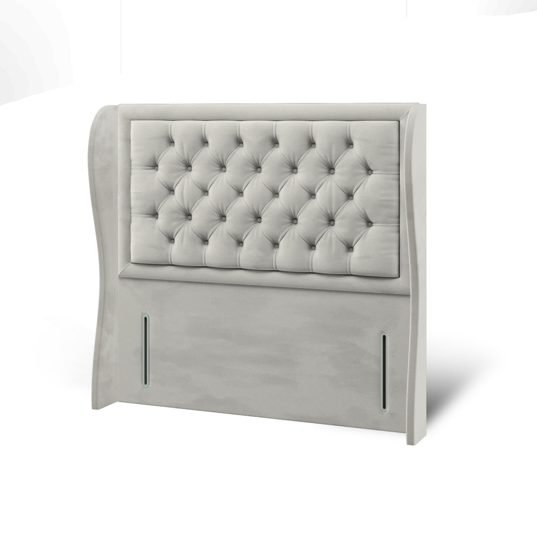 Chesterfield Border Fabric Upholstered Middle Curve Winged Headboard with Divan Bed Base & Mattress