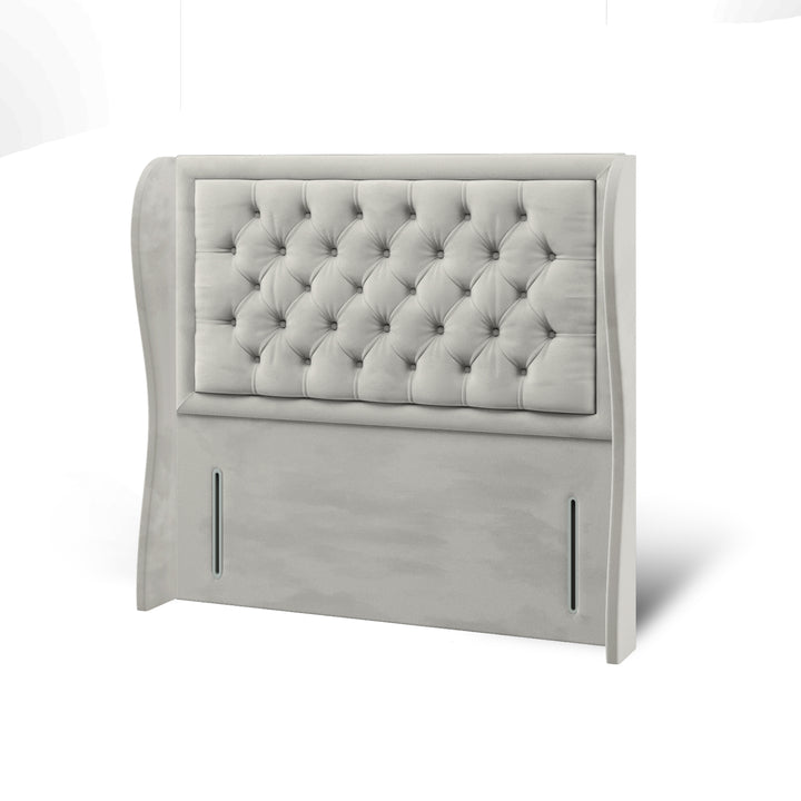 Chesterfield Border Fabric Upholstered Middle Curve Winged Headboard with Divan Bed Base & Mattress