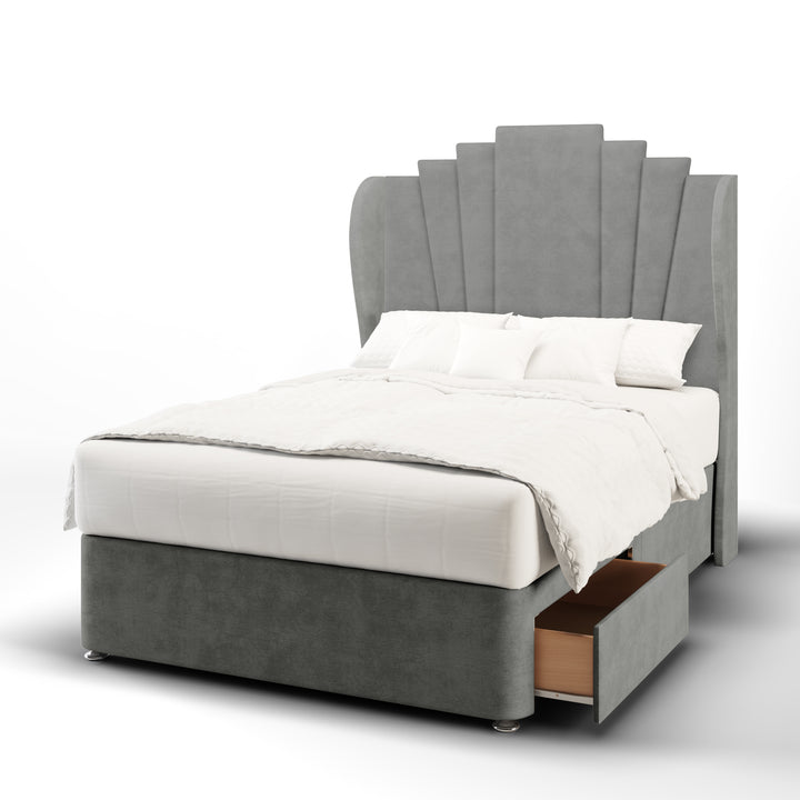 Gatsby Fabric Upholstered Middle Curve Winged Headboard with Divan Bed Base & Mattress