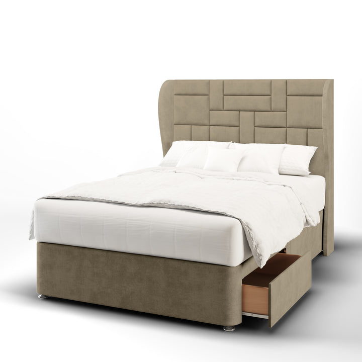 Multi Panels Fabric Upholstered Middle Curve Winged Headboard with Divan Bed Base & Mattress