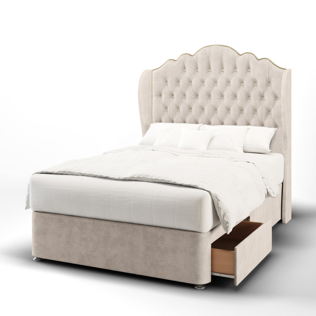 Amelia Chesterfield Fabric Upholstered Middle Curve Winged Headboard with Divan Bed Base & Mattress