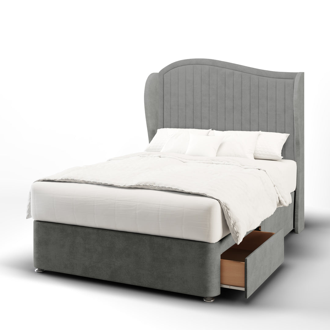 Wave Fabric Upholstered Middle Curve Winged Headboard with Divan Bed Base & Mattress