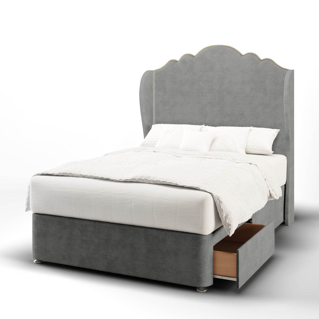 Amelia Fabric Upholstered Middle Curve Winged Headboard with Divan Bed Base & Mattress