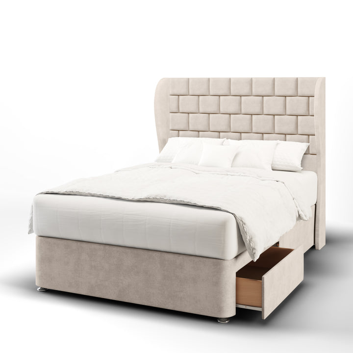 Cubed Fabric Upholstered Middle Curve Winged Headboard with Divan Bed Base & Mattress