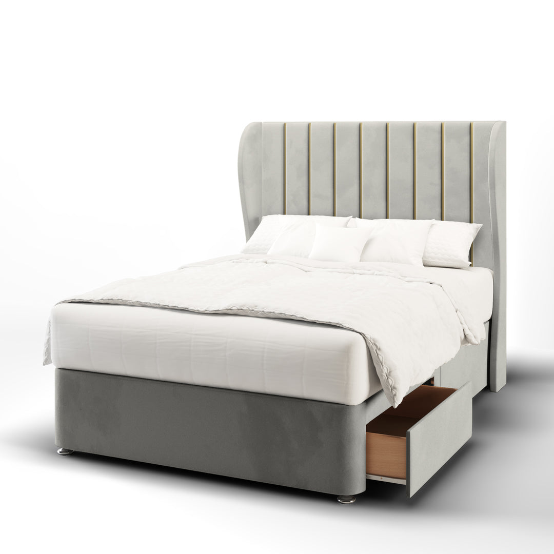 Vertical Panels Gold Strips Fabric Upholstered Middle Curve Winged Headboard with Divan Bed Base & Mattress