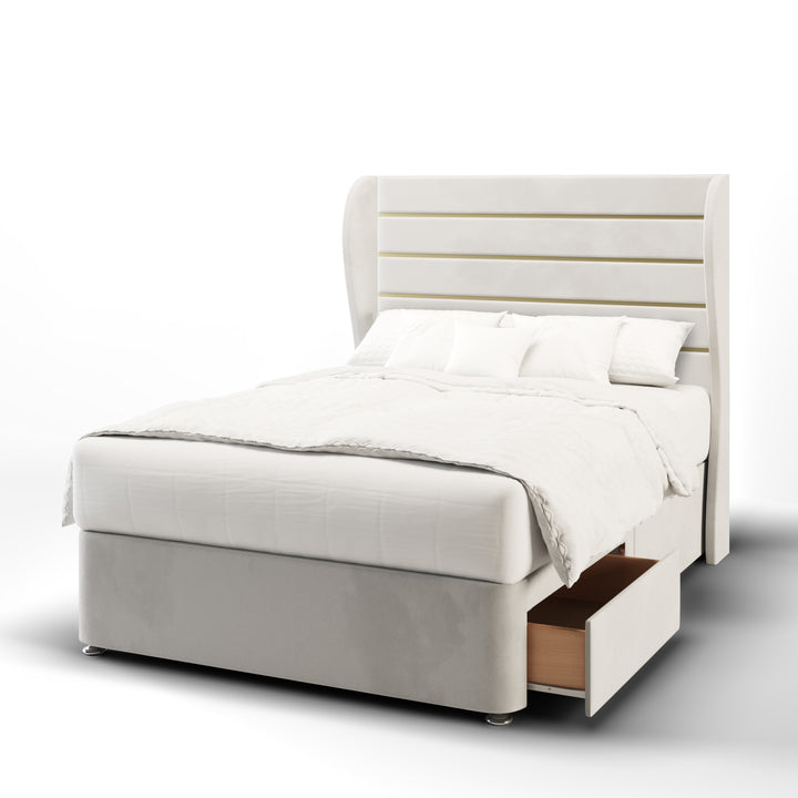 Horizontal Panels Gold Strips Fabric Upholstered Middle Curve Winged Headboard with Divan Bed Base & Mattress