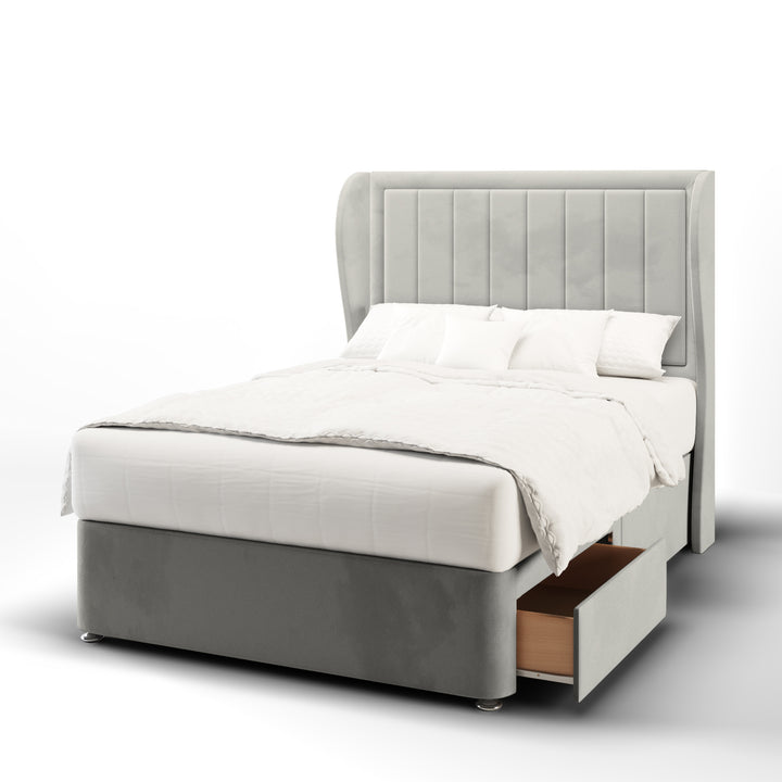 Vertical Panels Border Fabric Upholstered Middle Curve Winged Headboard with Divan Bed Base & Mattress