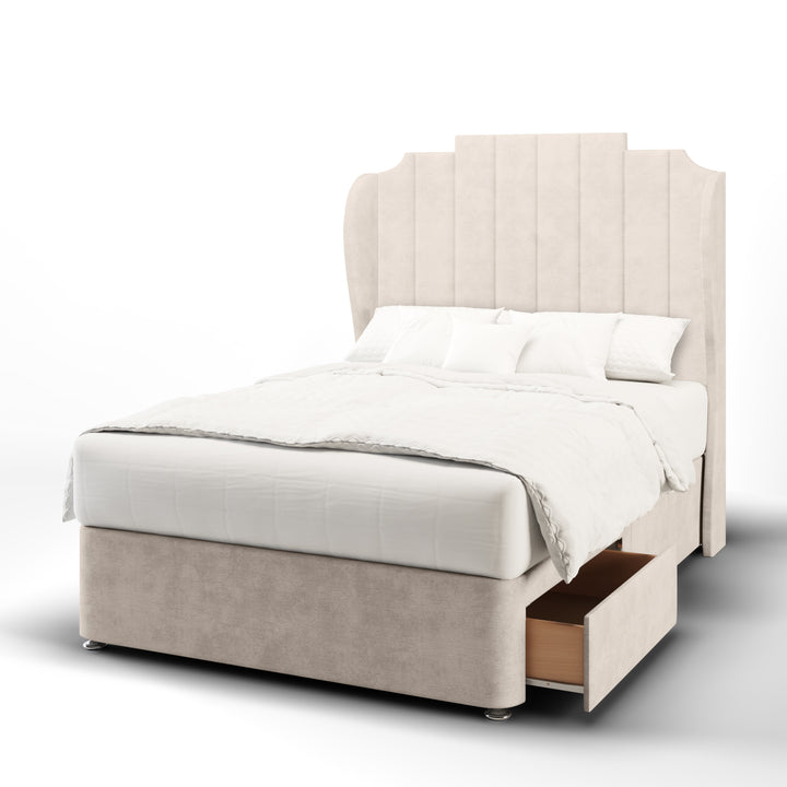 Art Deco Fabric Upholstered Middle Curve Winged Headboard with Divan Bed Base & Mattress