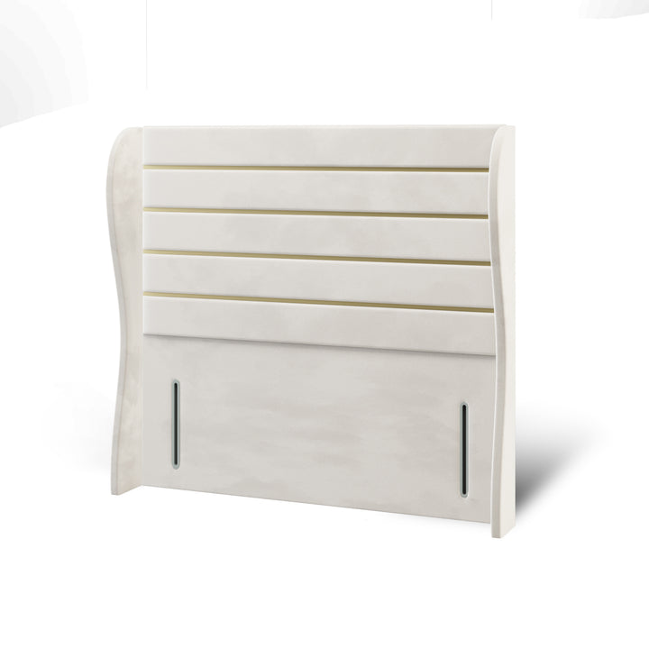 Horizontal Panels Gold Strips Fabric Upholstered Middle Curve Winged Headboard with Divan Bed Base & Mattress
