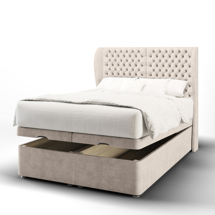 2 Panel Chesterfield Fabric Upholstered Middle Curve Winged Headboard with Ottoman Storage Bed Base & Mattress