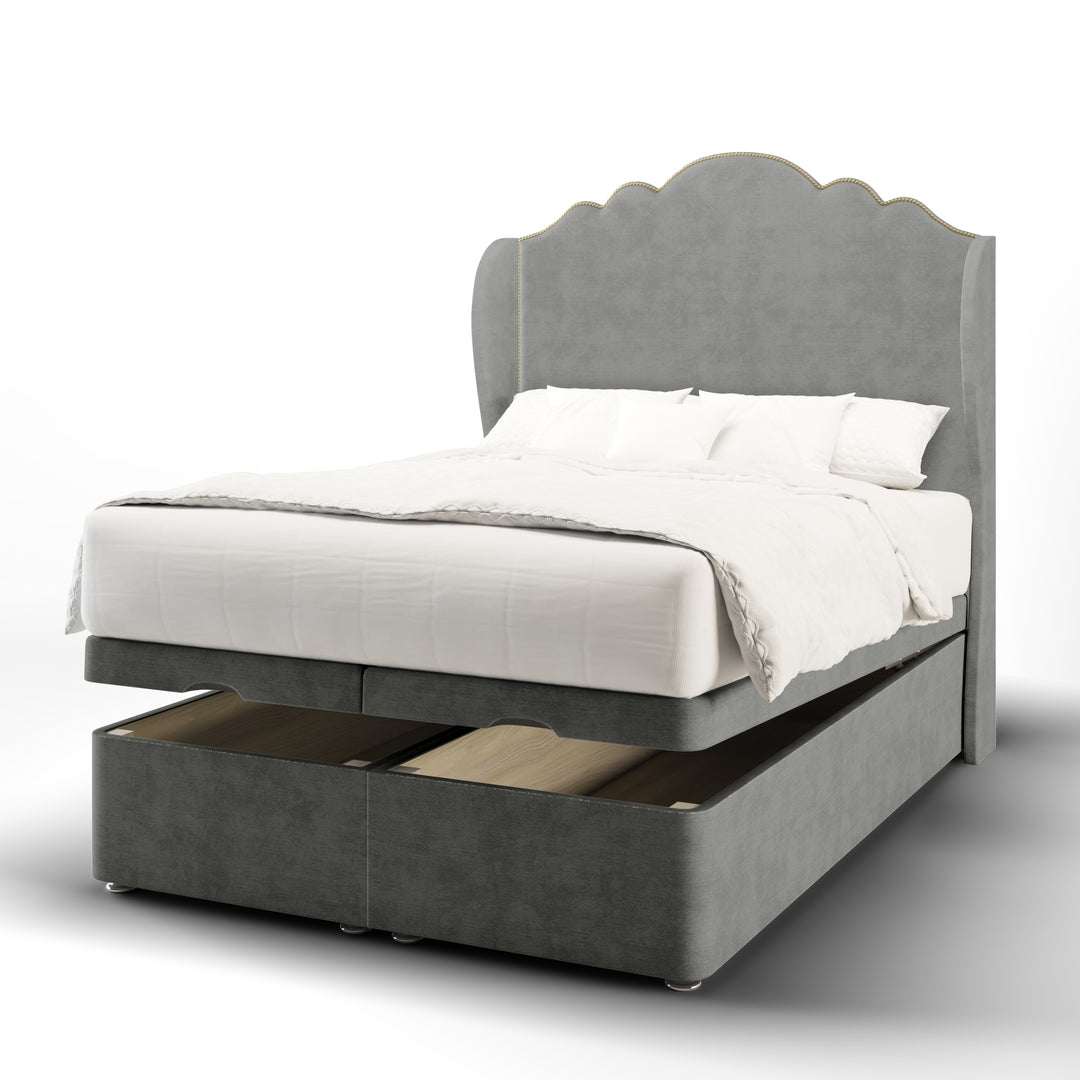 Amelia Fabric Upholstered Middle Curve Winged Headboard with Ottoman Storage Bed Base & Mattress