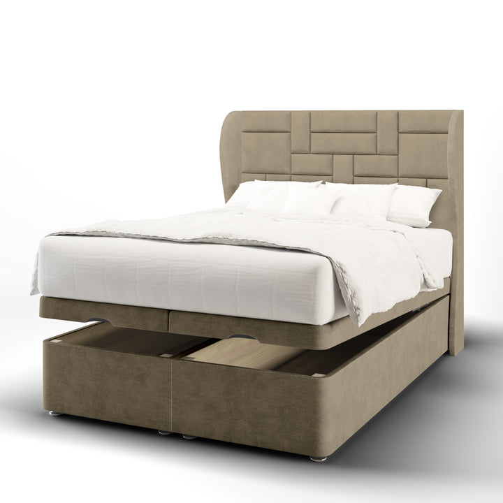 Multi Panels Fabric Upholstered Middle Curve Winged Headboard with Ottoman Storage Bed Base & Mattress