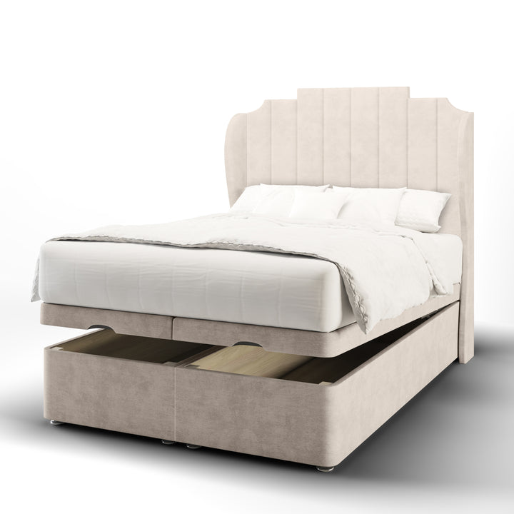 Art Deco Fabric Upholstered Middle Curve Winged Headboard with Ottoman Storage Bed Base & Mattress