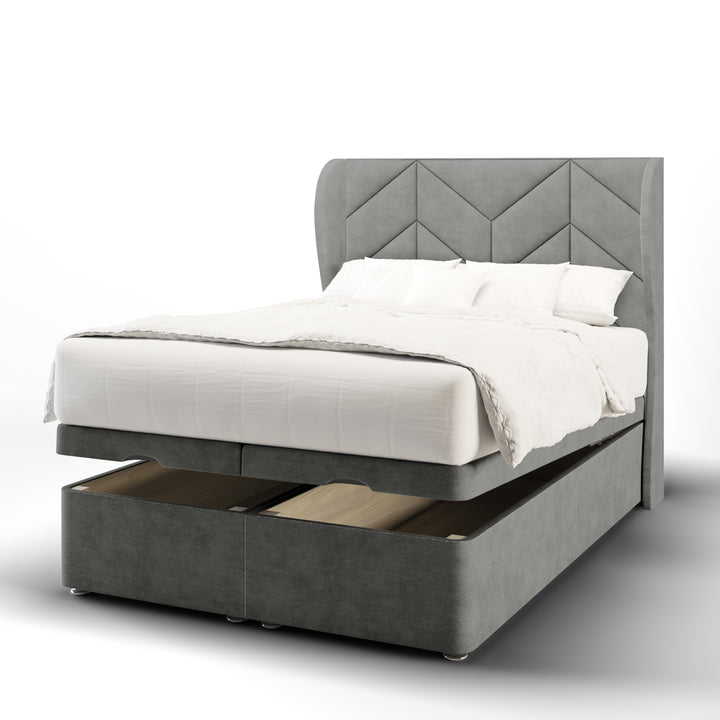 Chevron Incline Fabric Upholstered Middle Curve Winged Headboard with Ottoman Storage Bed Base & Mattress