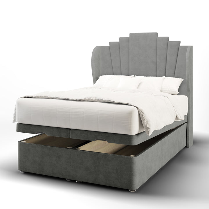 Gatsby Fabric Upholstered Middle Curve Winged Headboard with Ottoman Storage Bed Base & Mattress