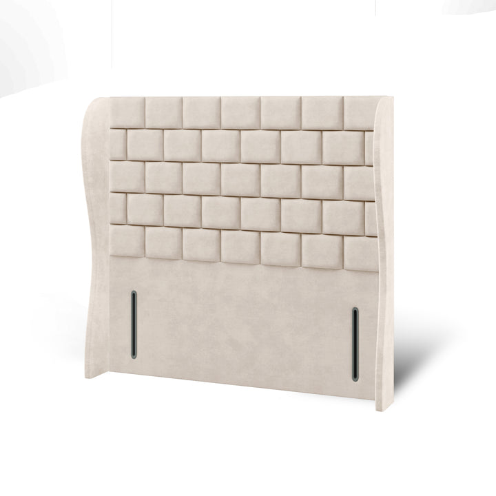 Cubed Fabric Upholstered Middle Curve Winged Headboard with Divan Bed Base & Mattress