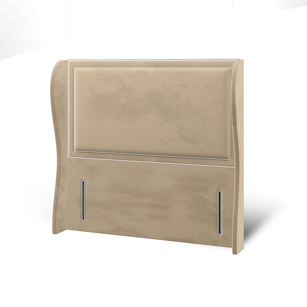 Plain Studded Border Fabric Upholstered Middle Curve Winged Headboard with Divan Bed Base & Mattress