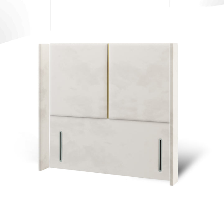 2 Panel Gold Strip Fabric Upholstered Straight Winged Headboard with Ottoman Storage Bed Base & Mattress
