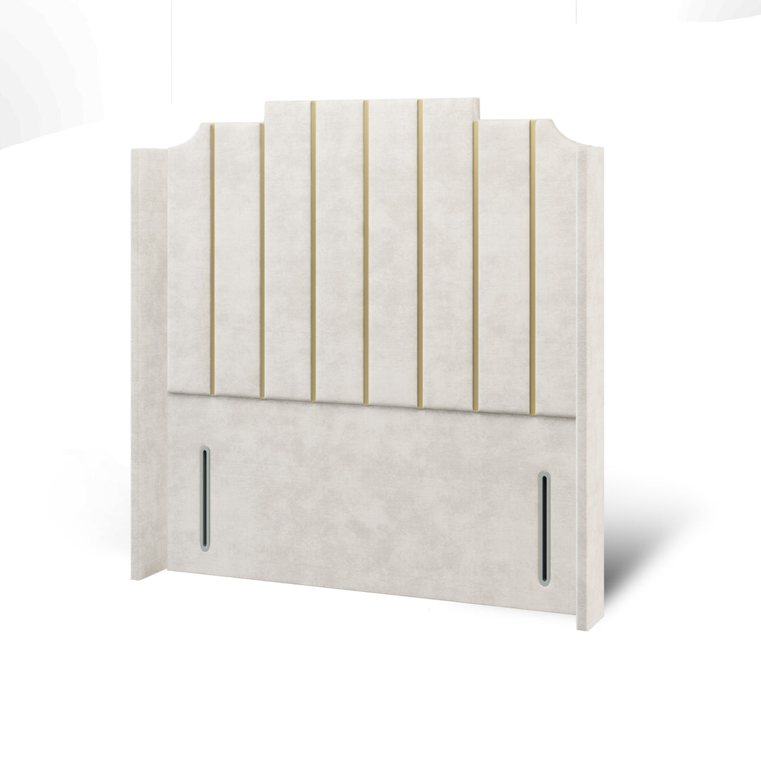 Art Deco Gold Strip Fabric Upholstered Straight Winged Headboard with Ottoman Storage Bed Base & Mattress