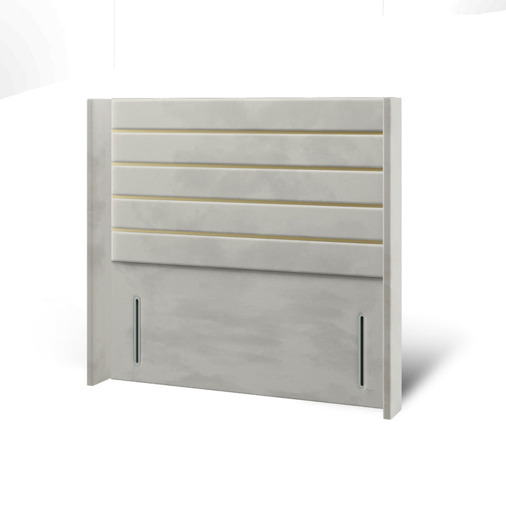 Horizontal Panels Gold Strips Fabric Upholstered Straight Winged Headboard with Divan Bed Base & Mattress