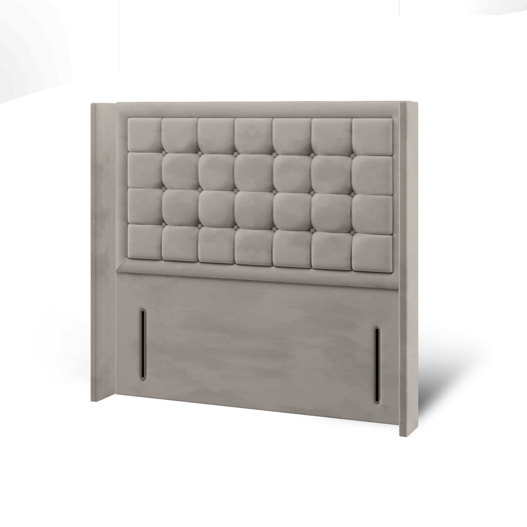 Cubic Large Buttoned Border Fabric Upholstered Straight Winged Headboard with Ottoman Storage Bed Base & Mattress