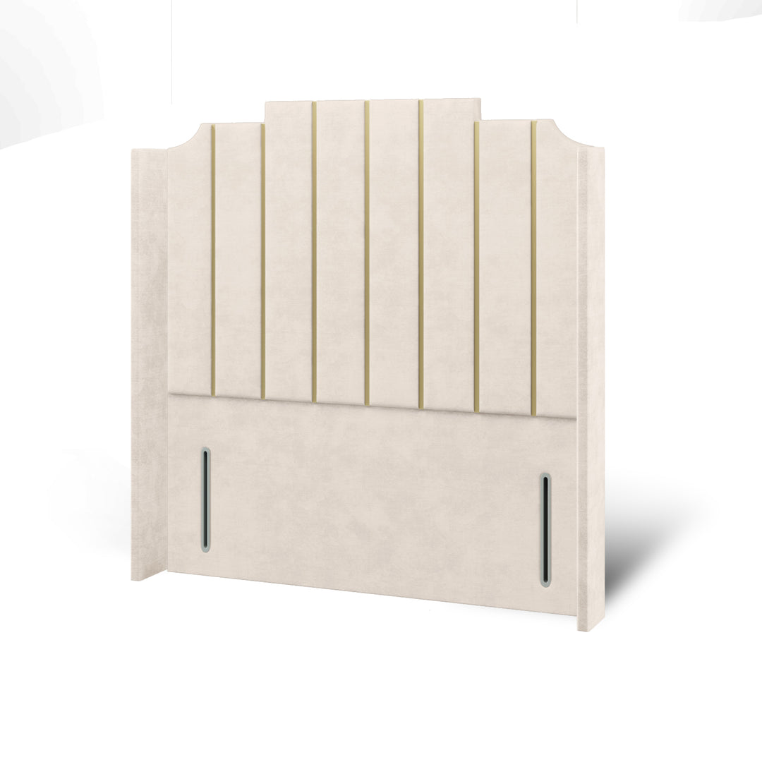 Art Deco Gold Strips Fabric Upholstered Straight Winged Headboard with Divan Bed Base & Mattress