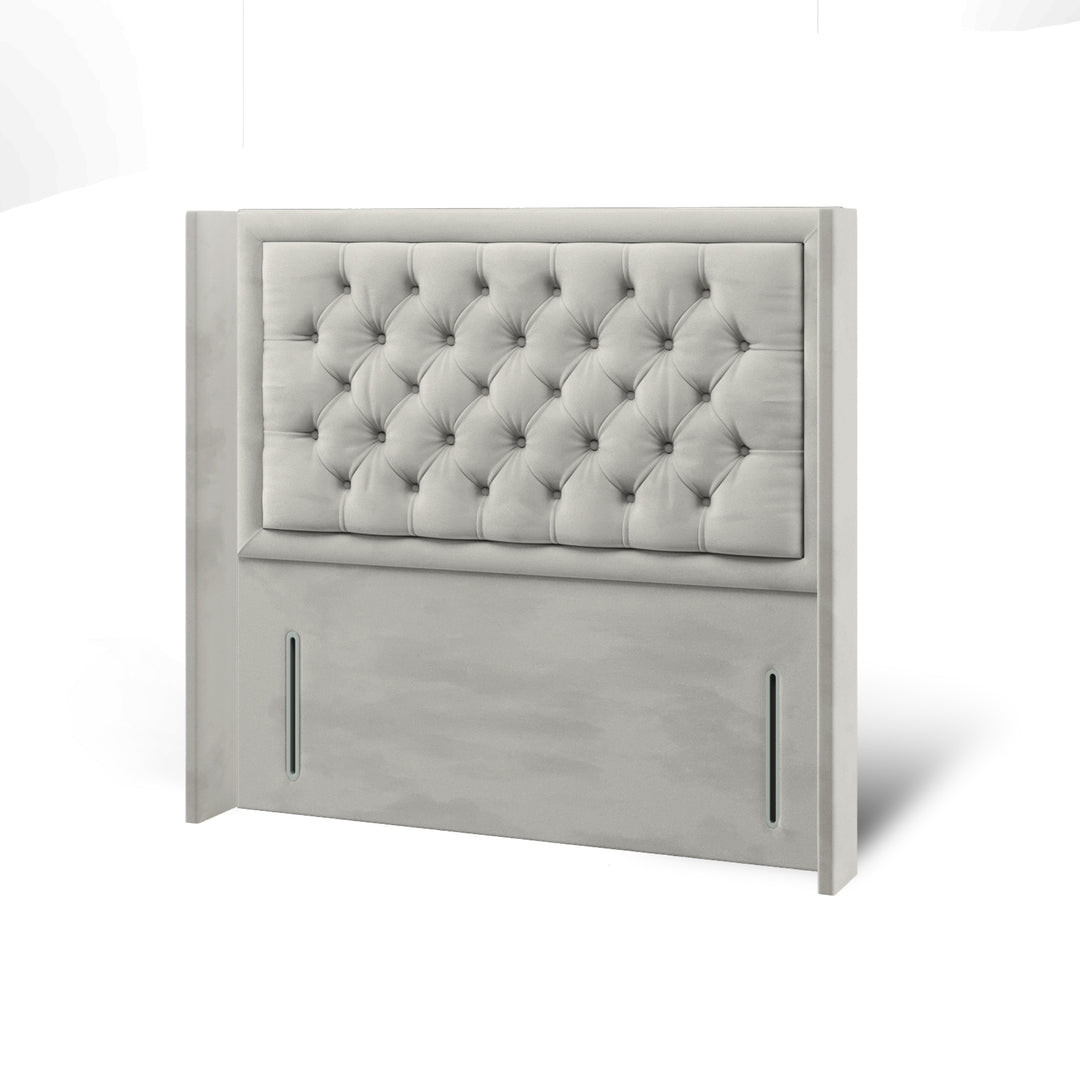 Chesterfield Border Fabric Upholstered Straight Winged Headboard with Ottoman Storage Bed Base & Mattress