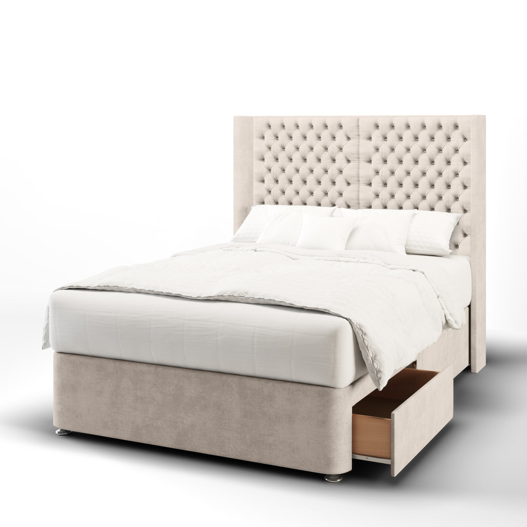 2 Panel Chesterfield Fabric Upholstered Straight Winged Headboard with Divan Bed Base & Mattress
