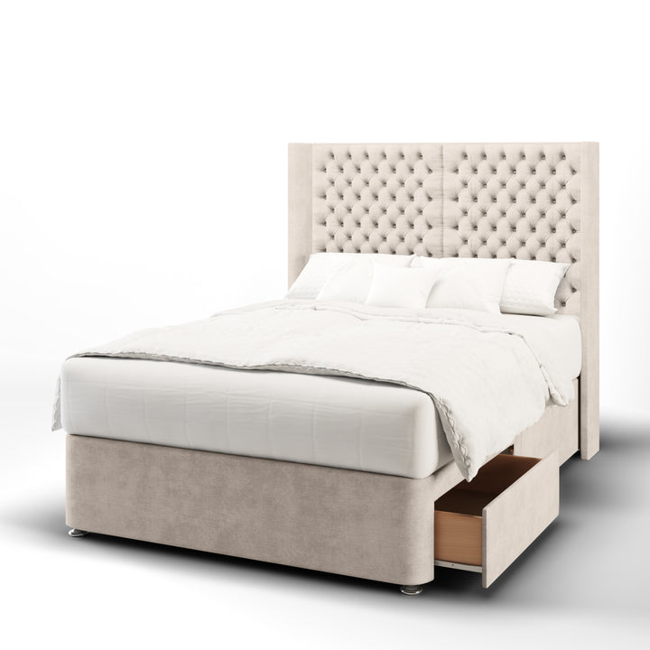 2 Panel Chesterfield Fabric Upholstered Straight Winged Headboard with Divan Bed Base & Mattress